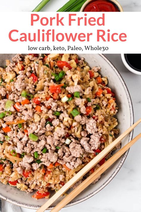 Paleo Rice, Pork Fried Rice Recipe, Fried Cauliflower Rice, Cauliflower Fried Rice Recipes, Keto Pork, Pork Fried Rice, Cauliflower Fried, Chicken Cauliflower, Cauliflower Rice Recipes