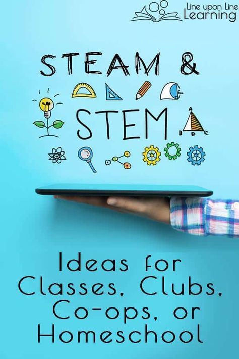 What an amazing list of STEAM or STEM projects for our homeschool co-op classes and STEM club! We love hands-on learning. Steam Classroom, Homeschool Stem, Steam Lessons, Stem Club, Steam Challenges, Stem Curriculum, Stem Classes, Steam Ideas, Stem Elementary