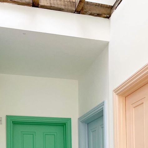 Colorful Hallway Doors, Painted Door Frames And Skirting Boards, Colourful Doors Interior, Colourful Interior Doors, Coloured Hallway Doors, Colourful Landing, Colored Hallway Doors, Colourful Skirting Boards, Coloured Door Frames