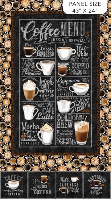 Northcott Fabrics Coffee Steam, Coffee Concentrate, Home Coffee Bar, Coffee Theme, Chocolate Espresso, Chat Board, Irish Coffee, Sign Ideas, Espresso Coffee