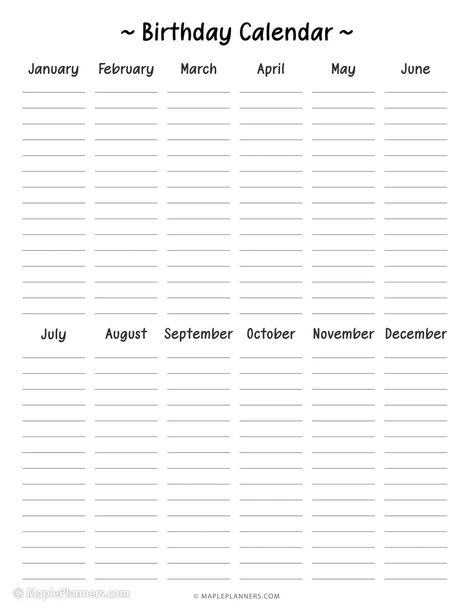 Birthday Calendar template Birthday Calendar Ideas, Birthday List Template, Printable Birthday Calendar, Birthday Calendar Template, Templates Birthday, Mazes For Kids Printable, Reading Journal Printable, Family Birthday Calendar, Printable Mazes