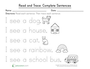 What do you see? Read and trace complete sentences, like “I see a dog,” or “I see a rainbow.” This tracing worksheet introduces basic grammar usage around simple verbs and nouns. Then, after students trace the words, they can color in the picture clues! This kindergarten activity is great way to develop reading and writing skills. #educationdotcom Complete Sentences Activities, Sentences Kindergarten, Writing Sentences Worksheets, Sentences Worksheet, Writing Center Kindergarten, Reading And Writing Skills, Kindergarten Writing Activities, Handwriting Worksheets For Kids, Sentence Activities