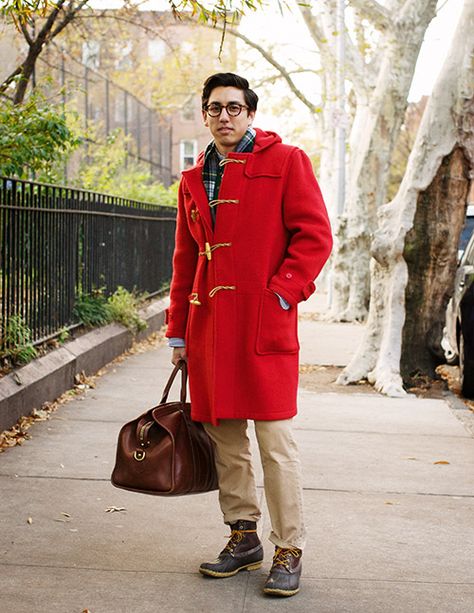 F.E. Castleberry in red Gloverall duffle coat Gloverall Duffle Coat, Coat Guide, Duffel Coat, Toggle Coat, Preppy Men, Mens Attire, Mens Fashion Blog, Moncler Jacket, Coat Style