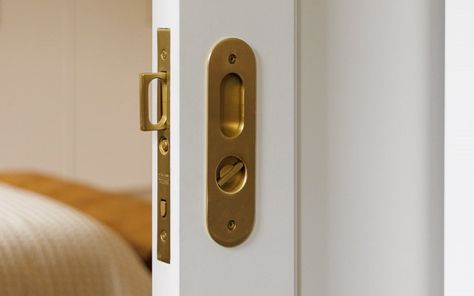 Narrow Oval Pocket Door Mortise Lock | Emtek Pocket Doors Hardware, Pocket Door Lock Ideas, Contemporary Trim, Modern Pocket Doors, Pocket Door Latch, Double Pocket Door, Pocket Door Pulls, Pocket Door Lock, Privacy Lock