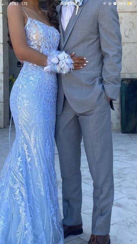 Periwinkle Prom Dress Couple, Light Blue Prom Dress Black Couple, Light Blue Prom Dress With Date, Prom Couples Outfits Blue, Light Blue Prom Couple Outfits, Baby Blue Prom Couple, Light Blue Prom Dress Couple, Light Blue Prom Couple, Blue Silver Prom Dress