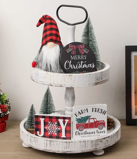 Christmas Center Piece For Table, Christmas Trees Farmhouse, Wood Blocks Christmas, Christmas Coffee Table Decor, Shelf Fireplace, Christmas Decorations Apartment, Tray Decor Christmas, Christmas Tiered Tray, Sideboard Decor