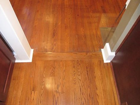 transition between old wood floors and new | Old and new hardwoods with a transition strip between: Wood Floor Transition, Tile To Wood Transition, Floor Transition Strip, Floor Transition, Transition Flooring, Old Wood Floors, Wood Floor Design, Installing Hardwood Floors, Wood Floors Wide Plank