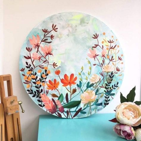 Circular Canvas Painting, Circular Canvas, Circle Canvas, Warm Palette, Pottery Painting Designs, Soyut Sanat Tabloları, Round Canvas, Happy Art, Beginner Painting