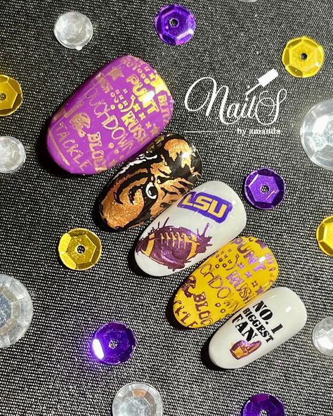 After 3 years of doing nails I finally made myself an LSU set!! Who’s your favorite team?!?! Message me to have a custom set made to show your team support!! #nailsbyamanda922 #madamglam #apresgelx #lsu Doing Nails, Madam Glam, After 3, Message Me, Favorite Team, Rush, Nails, Quick Saves