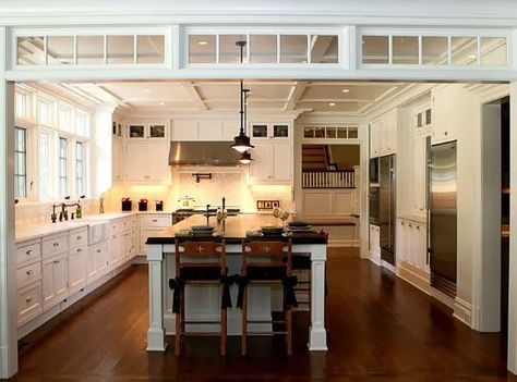 Transom windows define the space between a kitchen and living area.  White, marble, stainless kitchen. Farmhouse Interior Doors, Transom Windows, Kitchen Gallery, Custom Kitchens, Farmhouse Interior, Style Deco, Large Kitchen, Open Kitchen, Custom Cabinetry