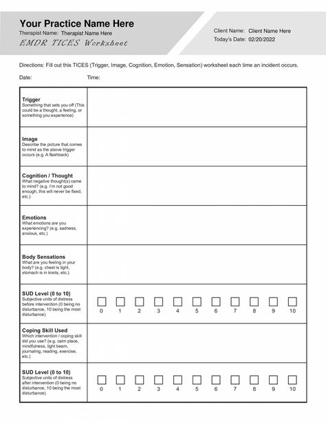 An EMDR TICES (Trigger, Image, Cognition, Emotion, Sensation) worksheet can help your clients track incidents that trigger them. Our EMDR TICES Worksheet (Editable, Fillable, Printable PDF) is perfect for counselors, psychologists, psychiatrists, social workers, therapists, and other mental health professionals.  This EMDR TICES Worksheet can be downloaded and used with all your clients, giving them the ability to fill it out on a digital device or print it out. This template is part of the EMDR Worksheets Bundle Emdr Cheat Sheet, Emdr Tools, Emdr Worksheets, Place Worksheet, Distress Tolerance Worksheets, Existential Therapy, Coping Skills Worksheets, Couples Therapy Worksheets, Anger Management Worksheets