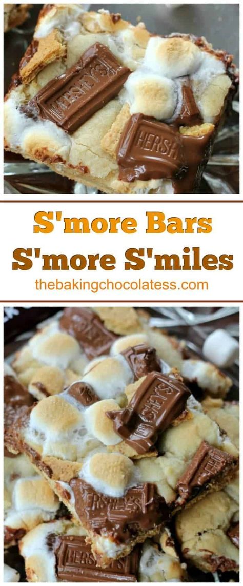 S'more Bars = S'more S'miles - Delicious combination of rich milk chocolate bar chunks, bits of graham cracker and melty, toasted gooey marshmallows baked in cookie dough with a graham cracker crust as well. #smores #marshmallow #campfire #toastedmarshmallow #bars #cookies #graham cracker Bbq Treats Desserts, S’mores Bars With Graham Crackers, Smores Sheet Pan, Gram Cracker Marshmallow, Best Smores Bars, Graham Cracker Smores Cookies, Smores Cookie Dough Bars, Easy Smores Dessert Simple, Smores Cracker Candy