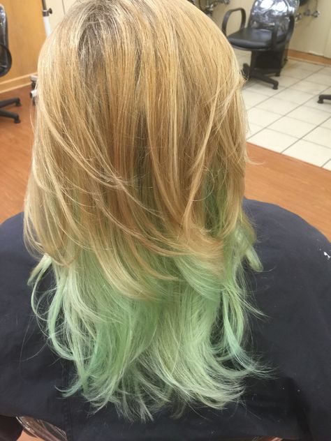 Blonde hair with mint underneath. Blonde And Green Highlights, Inner Blonde Hair, Light Green Hair Highlights, Blonde With Green Underneath, Blonde And Mint Hair, Green On Blonde Hair, Green To Blonde Hair, Green Hair Blonde, Green Highlights Blonde Hair