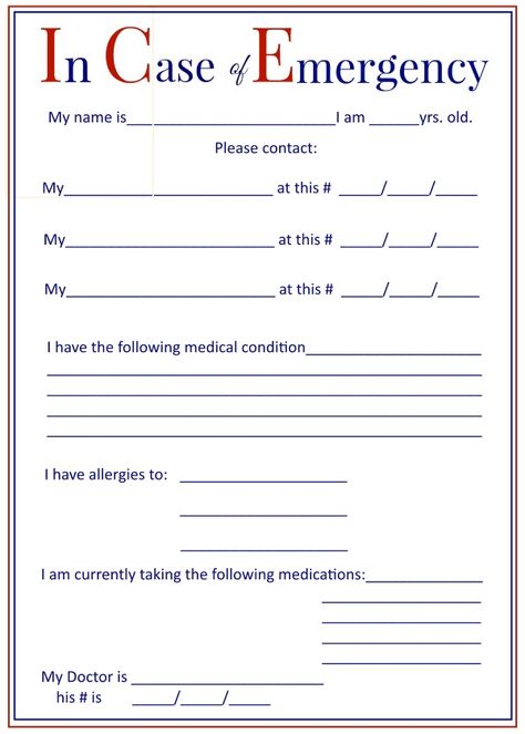 I.C.E.      In Case of Emergency Forms ( keep in your car and sneak in family members purses and cars In Case Of Emergency Printable Free, Emergency Notebook, Medical Printables, Medical Binder Printables, Emergency Contact Form, Family Emergency Binder, Medical Binder, Emergency Binder, Emergency Prepardness