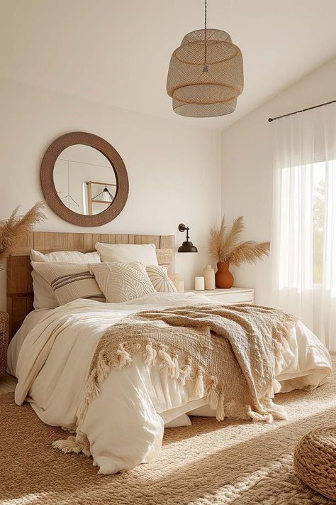 Modern boho bedroom decor ideas with earthy and neutral decor Boho Coastal Bedroom, Modern Boho Bedroom, Neutral Bedroom Decor, Style College, Earthy Bedroom, Modern Luxury Bedroom, Bohemian Bedroom Decor, Table Inspiration, Neutral Bedroom