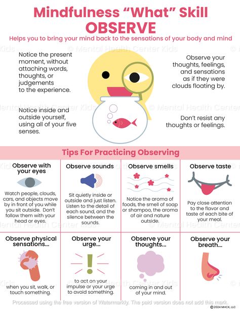 The DBT “what” skill observe is essential for promoting emotional balance and mindfulness. It helps quiet the mind and allows us to be present in the moment without judgment. This skill involves tapping into the five senses and can be practiced regularly for clarity and inner peace. The DBT Observe Mindfulness "What" Skill handout provides clients with a brief introduction to the skill and offers tips for practicing observing through tapping into their senses, thoughts, urges, and breathing. For example, it reminds them to take a moment to pause and engage in silent observation to fully focus on the experience. Implementing the tips presented in this handout can help kids and teens ground themselves in the present moment. To practice observing, they can set aside a moment to pause and take Dbt Mindfulness Activities, Dbt Skills Activities, Emotional Permanence, Anger Worksheets, Coping Skills Worksheets, Dbt Therapy, Coping Skills Activities, Counseling Worksheets, Katarina Witt