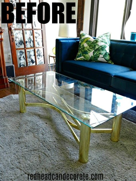 Thrifty vintage brass & glass coffee table gets a modern day makeover with this one simple step... Glass Table Diy Makeover, Brass Glass Coffee Table, Glass Top Coffee Table Makeover, Glass Table Makeover, Glass Table Redo, Glass Coffee Table Makeover, Coffee Glass Table, Gold Glass Coffee Table, Coffee Table Upcycle