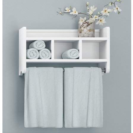 Alaterre 25-inch Wood Bath Storage Shelf with Towel Rod Bathroom Shelving Unit, White Marble Sink, Primitive Bathrooms, Storage Cubby, Towel Shelf, Wood Bath, Bathroom Wall Shelves, Towel Rod, Bathroom Storage Shelves