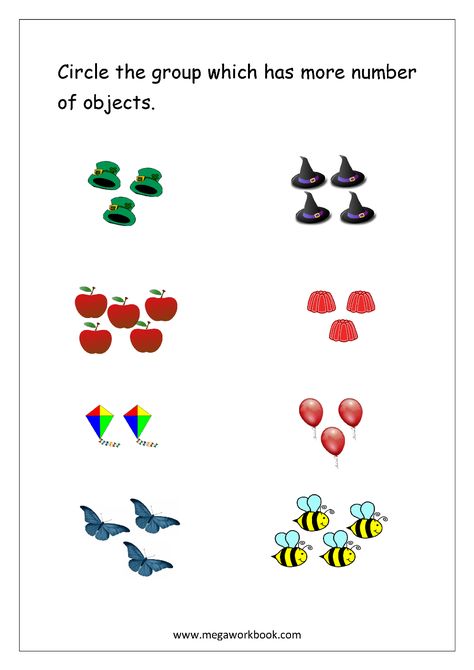 Math Worksheet - Circle The Group With More Number of Objects (1 to 5) Greater Than Less Than Worksheets, Morning Work Kindergarten Free, Comparing Numbers Kindergarten, Comparing Numbers Worksheet, For Kindergarten, Compare Numbers, Maths Worksheet, Kindergarten Math Free, Preschool Number Worksheets