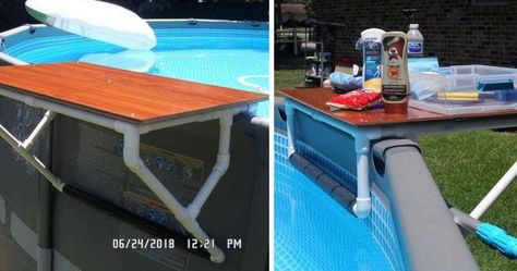 Above Ground Pool Swim Up Bar Ideas, Swimming Pool Table Ideas, Above Ground Pool Shelf Diy, Pool Side Table Ideas, Above Ground Swim Up Bar, Pool Shelf Ideas Above Ground, Poolside Table Above Ground, Above Ground Pool Table Diy, Above Ground Pool Shelf