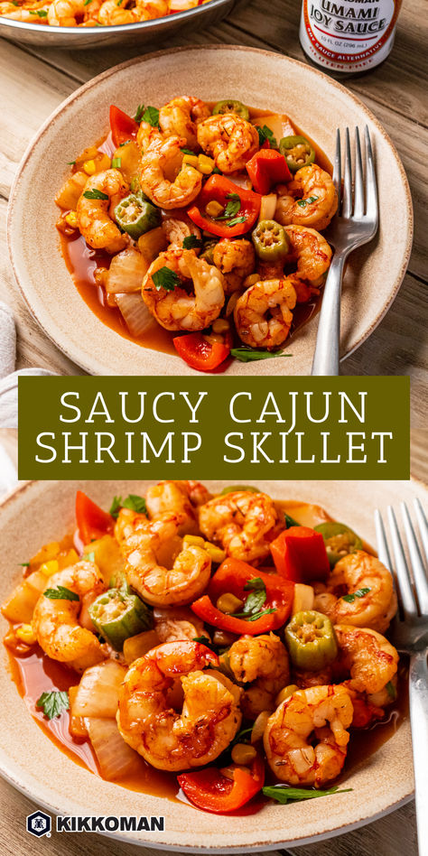 Bring the flavors of the bayou to your table with this Saucy Cajun Shrimp Skillet! Made with Kikkoman® Umami Joy Sauce, shrimp, and vibrant veggies, this dish is ready in just 21 minutes and perfect for a quick, flavorful meal. Enjoy the zesty Cajun kick! #Kikkoman Cajun Shrimp Skillet, Cajun Skillet, Shrimp Ideas, Cast Iron Skillet Recipes Dinner, Nola Recipes, Ragin Cajun, Hibachi Recipes, 1950s Food, Skillet Shrimp