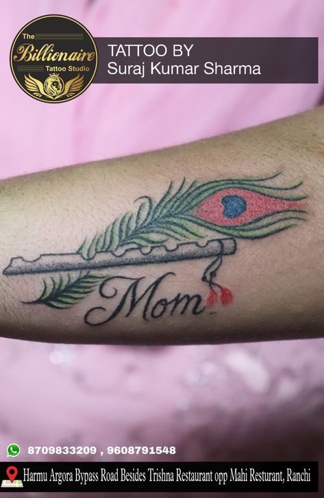 Mom tattoo Flute tattoo Mor pankh tattoo Mor Pankh Tattoo, Tato Nama, Flute Tattoo, Mor Pankh, Krishna Tattoo, Tattoo Design For Hand, Mom Tattoo Designs, Mom Tattoo, Wrist Tattoos For Guys