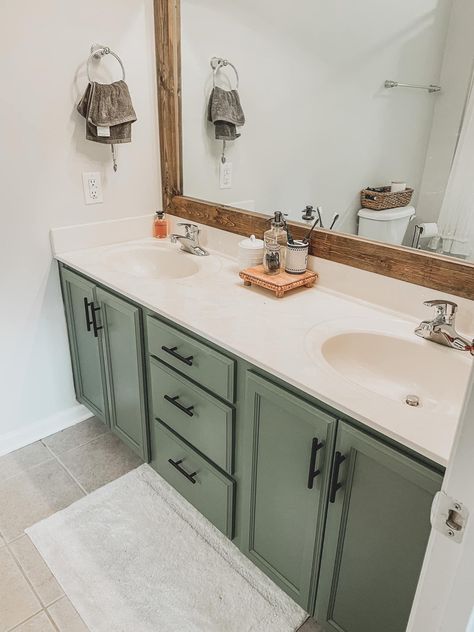 Green Cabinets Bathroom, Olive Green Bathrooms, Bathroom Cabinet Colors, Green Bathroom Vanity, Painting Bathroom Cabinets, Green Vanity, Bathroom Redesign, Modern Farmhouse Bathroom, Double Vanity Bathroom