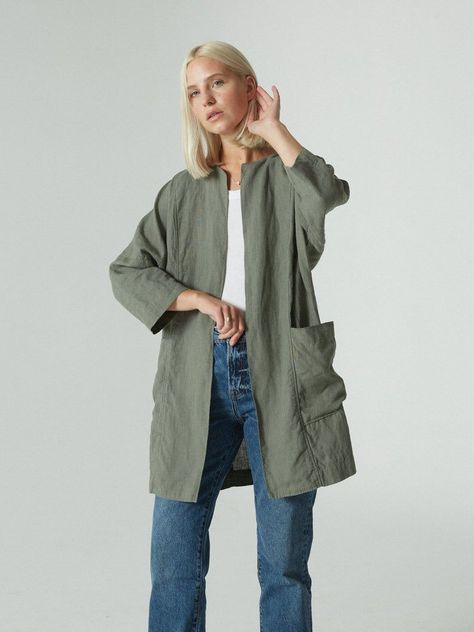 f337d999d9ad116a7b4f3d409fcc6480desc39778097ri Linen Coat, Linen Cardigan, Linen Jackets, Womens Jackets, Linen Jacket, Linen Style, Linen Dresses, Green Jacket, Lithuania