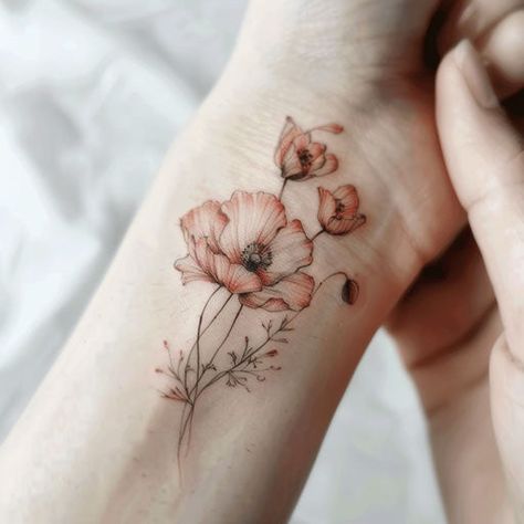 Womens Floral Tattoo Sleeve, Muted Flower Tattoo, Poppy Tattoo On Shoulder, Honeysuckle And Poppy Tattoo, Poppy Flower Tattoo Leg, Poppy Arm Tattoos For Women, Cracked Teacup Tattoo, Poppy And Narcissus Flower Tattoo, Purple Gladiolus Tattoo