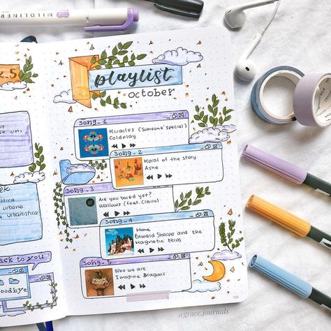 Music Bujo Playlist Spreads That Will Beautify Your Journal - KAYNULI Music Bujo, Bujo Playlist, خريطة ذهنية, Journal Weekly, Bullet Journal Ideas Templates, Creating A Bullet Journal, Bullet Journal Paper, Bulletin Journal Ideas, Bullet Journal Ideas