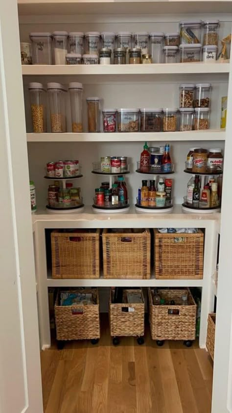 20 Rattan Bin Pantry Organization Ideas » Lady Decluttered Pantry Organization Wire Baskets, Open Pantry Cover Ideas, Organised Pantry Aesthetic, Thrifted Pantry Organization, Pantry Shelving Organization Ideas, Pantry Organization Drawer, Open Pantry Organization Ideas, Shallow Pantry Organization, Pantry Storage Baskets