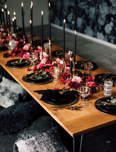 Edgy Bachelorette Party, Unique Engagement Party, Moody Wedding Decor, Halloween Bridal Showers, Moody Boho, Reception Styling, Pink Wedding Centerpieces, Edgy Boho, Edgy Wedding