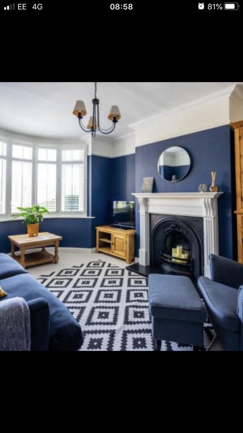 Living Room Designs With Dado Rail, Navy Blue Victorian Living Room, Sapphire Salute Living Room, Dark Blue Feature Wall Living Room, Navy Accent Wall Living Room, Midnight Blue Living Room, Dado Rail Living Room, Blue Feature Wall Living Room, Navy And White Living Room