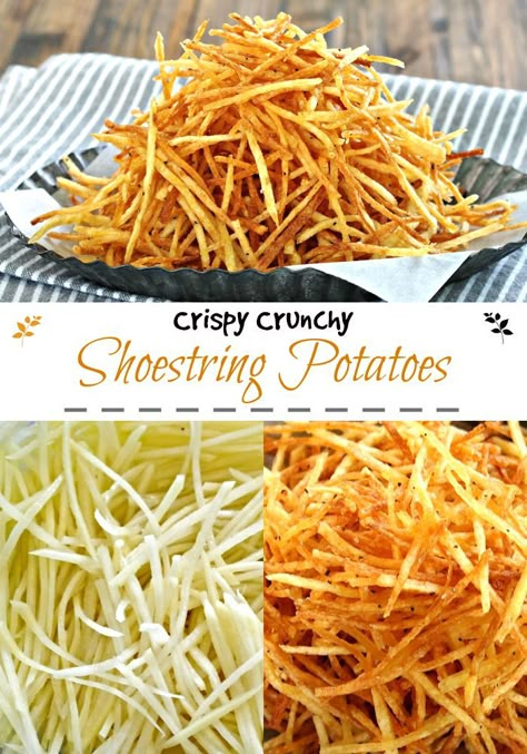 Shoestring Potatoes Recipes, Haystack Potatoes, Matchstick Fries, Shoestring Potatoes, Fried Dill Pickles, Deep Fryer Recipes, Mozzarella Balls, Deep Fried Food, Apple Fritter