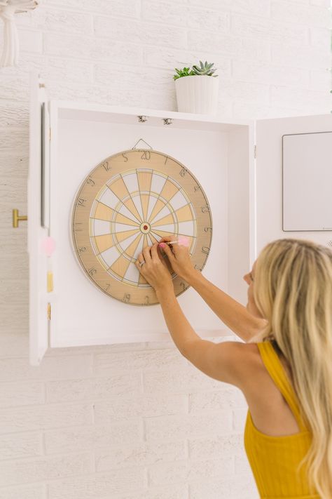 Modern Dartboard Cabinet DIY Dartboard Cabinet Diy, Custom Dart Board, Dart Board Wall, Dartboard Cabinet, Dart Board Cabinet, Cabinet Diy, Sleek Cabinet, Porch Makeover, Diy Wall Shelves