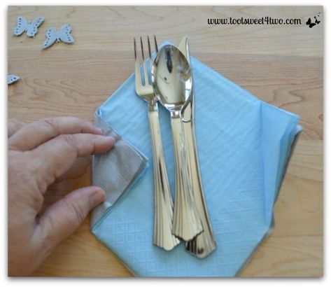 Fold napkins at opposite corners - How to Make Paper Napkins Special Wrap Silverware In Paper Napkin, How To Fold Paper Napkins, Napkin Wrapped Silverware, Fold Paper Napkins, Wrapped Silverware, Fold Napkins, Easy Napkin Folding, Paper Napkin Folding, Paper Napkin Rings