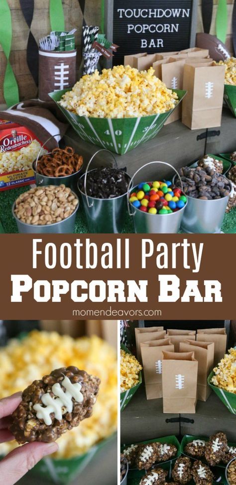 Football Party Popcorn Bar - easy ideas for setting up a popcorn bar for your next football party or tailgate. #OrvilleGameTime AD Football Popcorn, Football Party Snacks, Superbowl Party Food Ideas, Football Themed Party, Football Tailgate Party, Football Watch Party, Party Popcorn, Football Party Foods, Nacho Bar