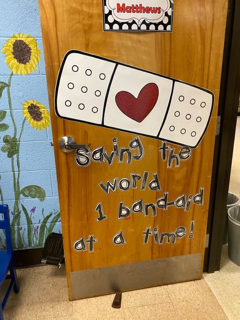 Surgery Bulletin Board Ideas, Nurse Appreciation Door Decorations, School Nurse Office Door Decoration, School Clinic Door Decorations, Nurse Office Door Ideas, School Nurse Door Decoration Christmas, Pediatric Bulletin Board Ideas, School Health Room Decor Nurse Office, School Nurse Clinic Decor