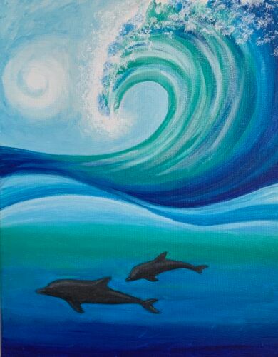 Calculator Painting Ideas, Calculator Painting, Social Artworking, Ocean Art Painting, Dolphin Painting, Birthday Painting, Dolphin Art, Canvas Painting Designs, Wave Art