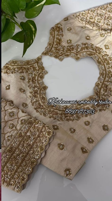 One Side Work Blouse Designs, Stone Work For Blouse, Bridal Blouse Designs Heavy Work Zardosi, Hand Work Embroidery Blouse Neck Design, Gold Maggam Work Blouse Designs, Handwork Blouse Design, Blouse Sleeves Design, Blouse Designs High Neck, Latest Bridal Blouse Designs