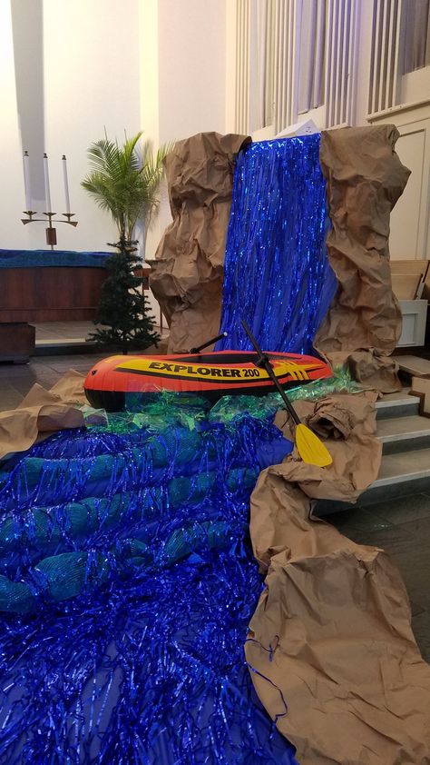 Waterfall for Rolling River Rampage vbs. Fake Waterfall, Camp Out Vbs, Monumental Vbs, Cave Quest Vbs, Waterfall Decoration, Camp Vbs, Jungle Theme Decorations, Vacation Bible School Themes, Vbs Decorations