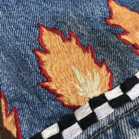 Orange Flames and checkerboard embroidered on denim Embroidery On Denim, Fire Clothing, Fire Embroidery, Flame Embroidery, Fire Clothes, Trendy Embroidery, Denim Embroidery, Thrift Flip, Hand Embroidery Design