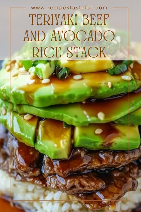 This Teriyaki Beef and Avocado Rice Stack is a visually stunning and delicious dish that combines tender teriyaki beef with creamy avocado and fluffy rice. Perfect for a weeknight dinner or impressing guests, this stack is as tasty as it is beautiful! Teriyaki Beef And Rice, Avocado Rice, Fluffy Rice, Teriyaki Beef, Beef And Rice, Wholesome Food, Weeknight Dinner, Tasty Dishes, Family Dinner