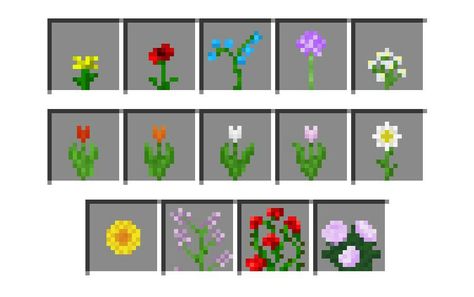 Flowers of Minecraft Flowers In Minecraft, All Minecraft Flowers, Minecraft Flower Tattoo, Minecraft Flower Grid, Minecraft Flowers Pattern, Minecraft Flowers Pixel Art, Minecraft Flowers, Diy Minecraft Decorations, Minecraft Diy