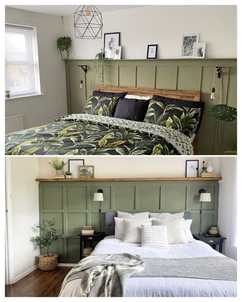 Wainscoting In Bedroom Ideas, Fake Paneling Wall Bedroom, Wood Panelling Headboard, Olive Bedroom Panelling, Half Panel Half Wallpaper Bedroom, Forest Green Panelling Bedroom, Bed Headboard Wall Design, Bedroom Tongue And Groove Panelling, Olive Green Bedroom Panelling