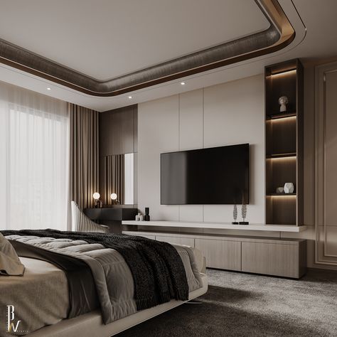 Master bedroom :: Behance Master Bedrooms Designer Luxury, Bedroom Ceiling Ideas Modern, Master Bedrooms Designer, Bedroom Tv Furniture, Contemporary Bedroom Design Luxury, Bedroom With Tv, Contemporary Bedroom Interior Design, Tv Bedroom, Beautiful Bed Designs