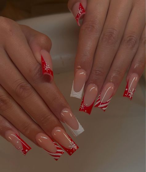 Christmas Nail Sets Red, Candy Cane Nails Almond Shape, Christmas Nail Red And White, French Red Christmas Nails, Xmas French Nails Designs, Christmas Nails With Bf Initial, Xmas Red Nails Christmas Design, Christmas Acrylics Red, Christmas Gel Toe Nails