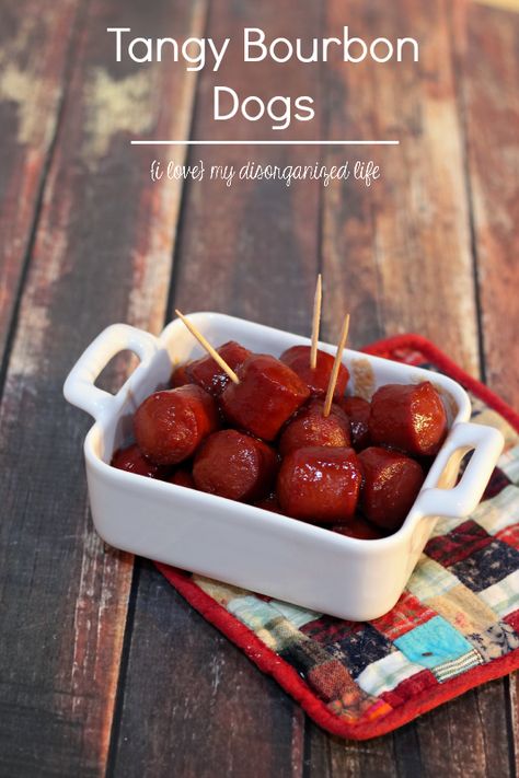 These mini hot dog appetizers are perfectly flavored with bourbon and slightly sweet. Perfect for game day, date night or a simple gathering with friends. Bourbon Dogs Recipe, Appetizers For Party Crockpot, Crockpot Hot Dogs, Hot Dog Appetizers, Mini Hot Dogs, Bourbon Sauce, Meat Appetizers, Hot Dog Recipes, Favorite Appetizers