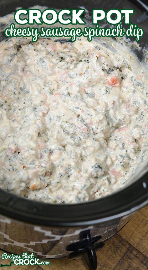 Are you looking for a delicious crock pot party dip? This Crock Pot Cheesy Sausage Spinach Dip is a yummy twist on traditional sausage cheese dip and it is low carb too! Sausage Spinach Dip, Crockpot Dips, Cheese Dip Crock Pot, Sausage Cheese Dip, Recipe Appetizers, Sausage Spinach, Crock Pot Dips, Crockpot Appetizers, Spinach Dip Recipe