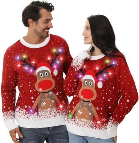 Ugly Sweater Couple, Matching Ugly Christmas Sweaters, Light Up Presents, Light Up Christmas Sweater, Funny Reindeer, Small Lights, Ugly Christmas Sweater Couples, Tacky Sweater, Reindeer Christmas Sweater